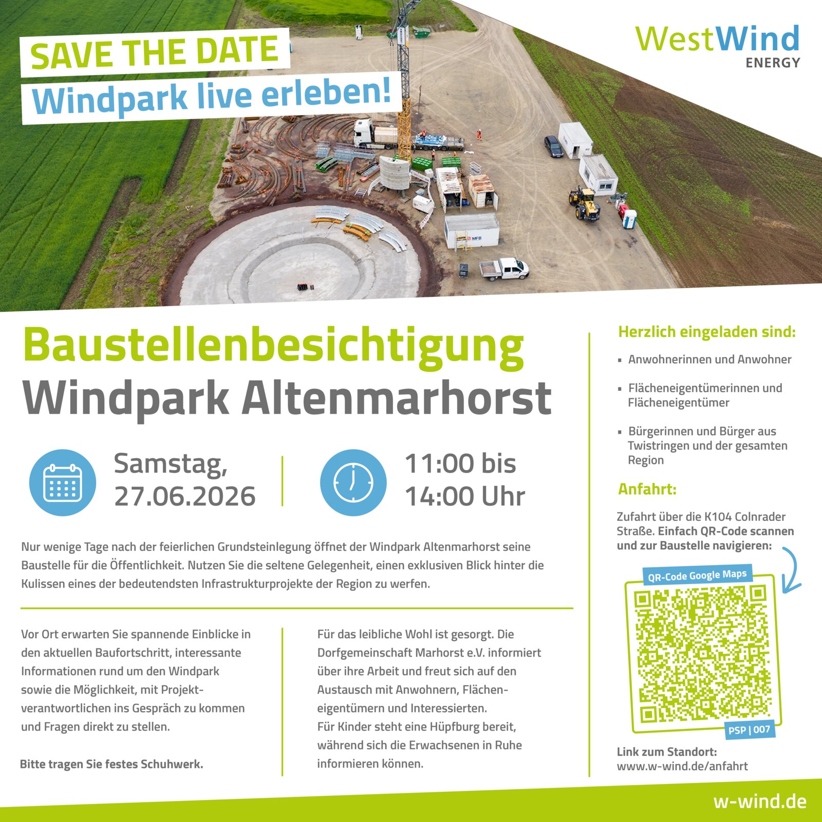 Save the Date: Baustellenbesichtigung Windpark Altenmarhorst am 27. Juni 2026
